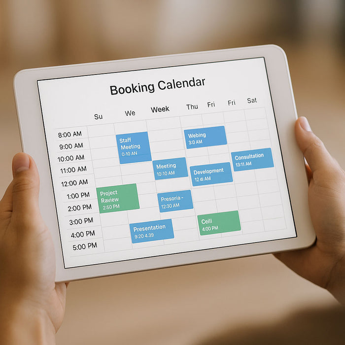 Person holding a tablet with a booking calendar of cinema hire bookings displayed on the screen.