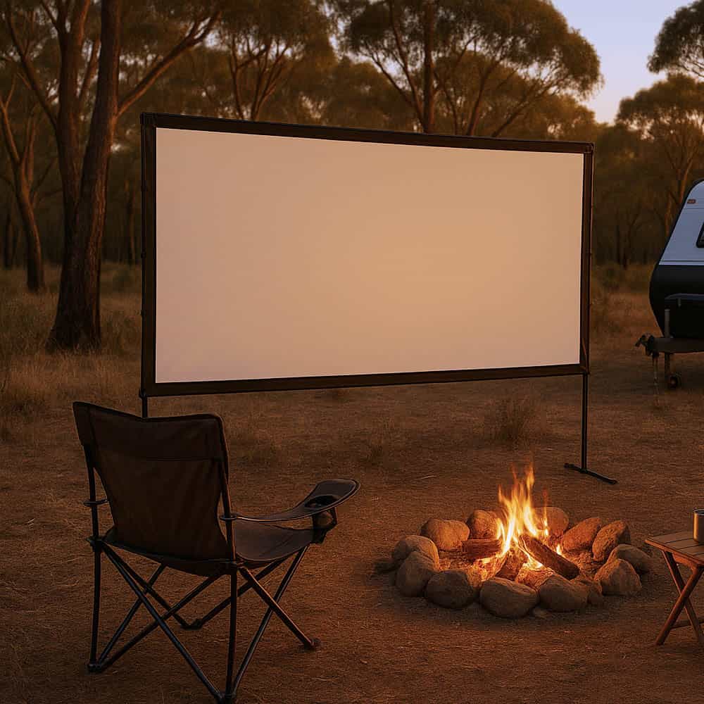 Compact aluminum-framed camping cinema screen by a campfire in the bush at dusk.