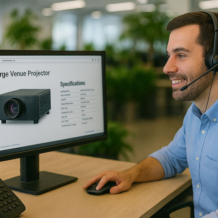 Man using a computer with a projector on the screen in an office setting
