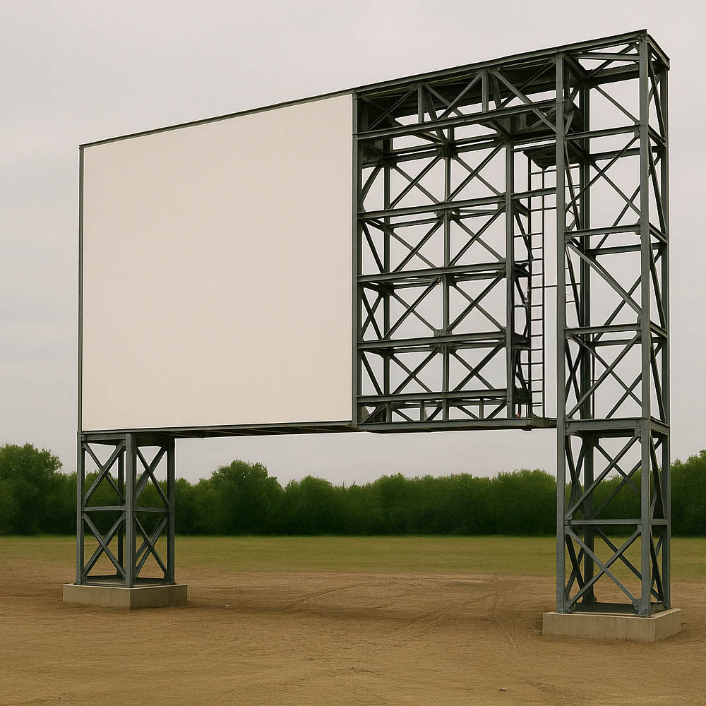 Drive-in movie screen with metal frame in an open field
