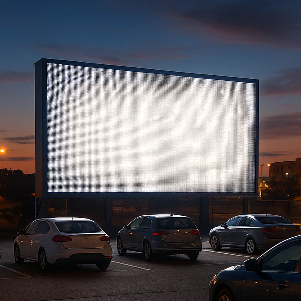 Drive-in theater screen with cars parked in front at dusk