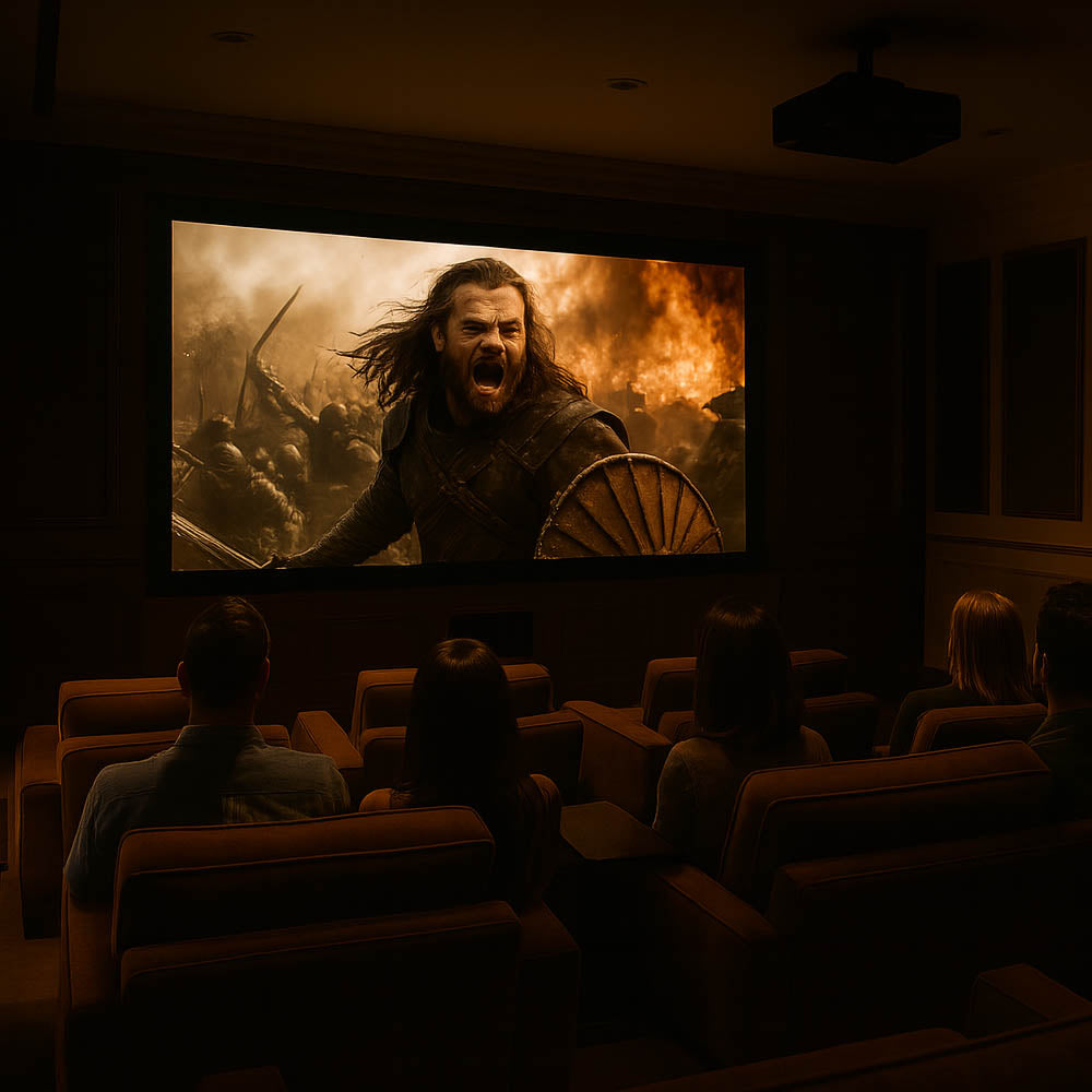 People watching a movie in a theater with a large screen displaying an action scene.