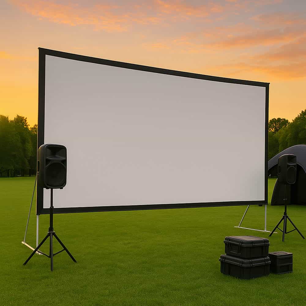 Portable fast-fold outdoor projection screen assembled on a lawn with speakers at twilight.