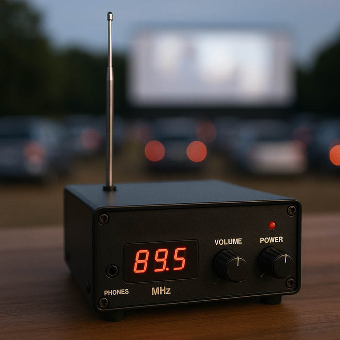 Small FM audio transmitter with digital display in a drive-in setting