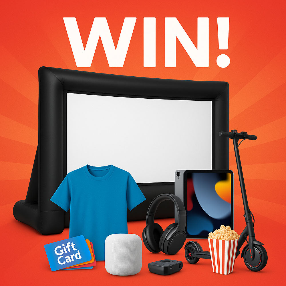 “WIN!” branded display of an outdoor cinema prize kit (inflatable screen, gadgets, gift cards) for a promotion.