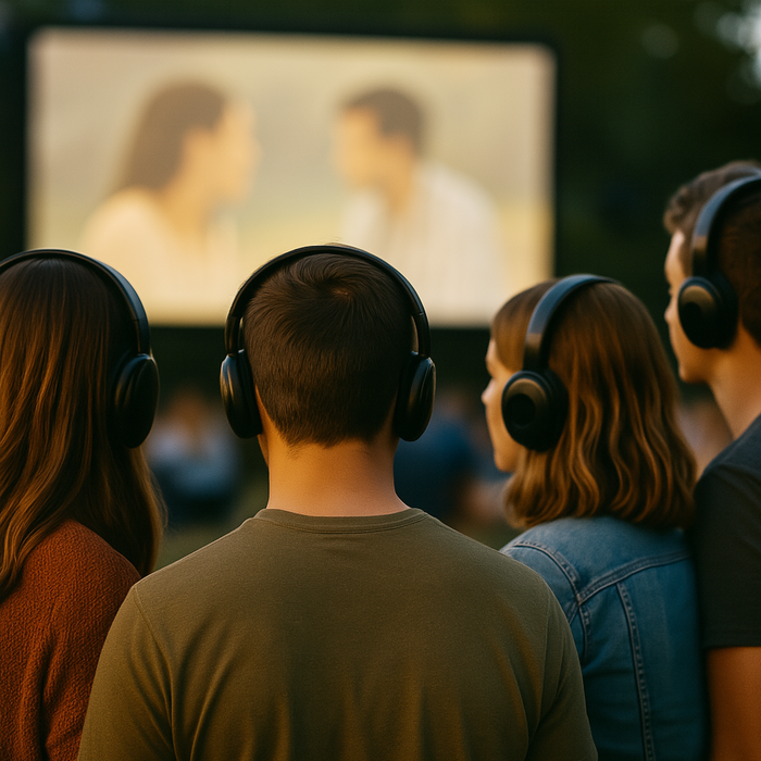 Audience members wearing wireless headphones at an outdoor cinema event to minimise noise.