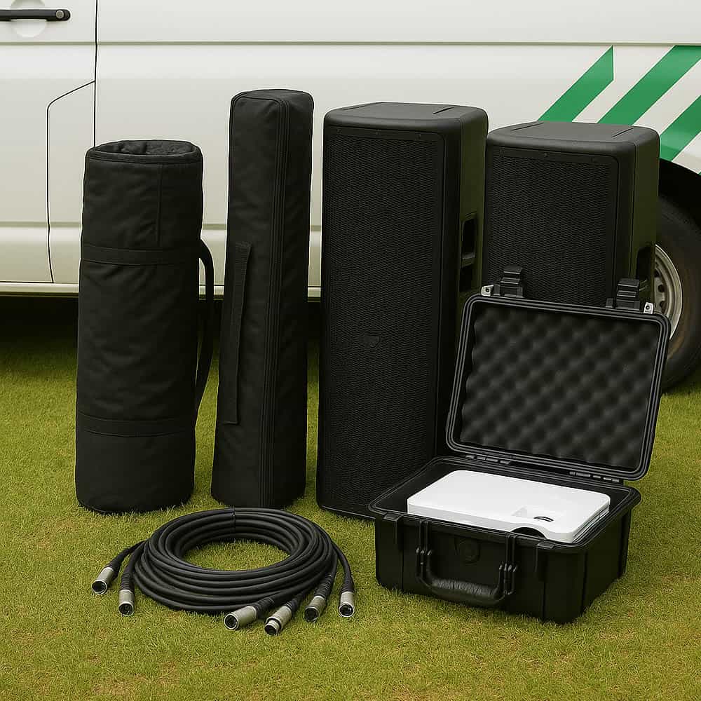 Complete outdoor cinema hire package (inflatable screen, speakers, projector, cases, cables) ready for an event.