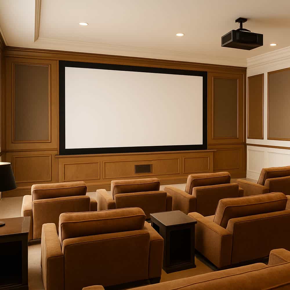Home theater setup with a large projection screen in a private indoor cinema room.