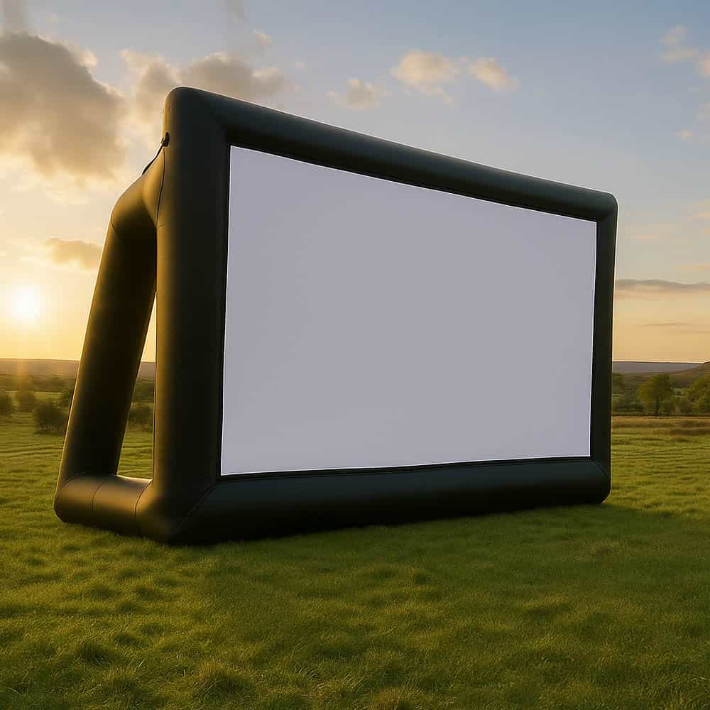 Inflatable movie screen framed by an A-frame support, outdoor cinema setup at sunset in a field.