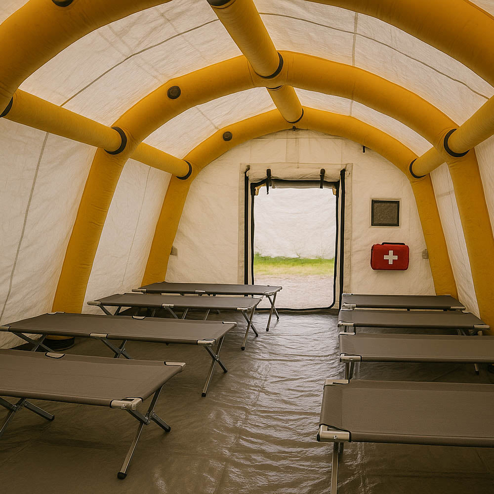 Inflatable shelter with yellow arches and cot-like seating inside