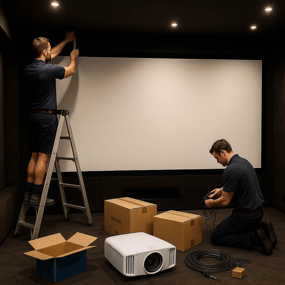 Two men setting up a home theater system with a projector and screen.