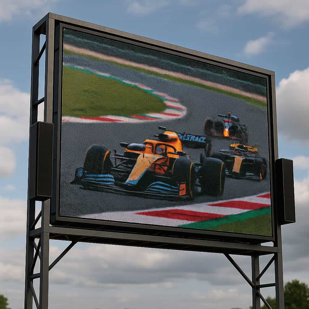 High-brightness LED outdoor cinema screen displaying a daytime sports event clearly.