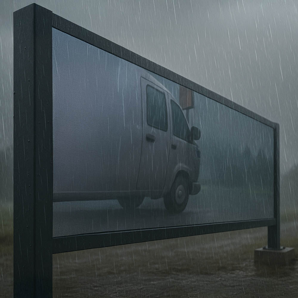 Van on a road reflected in a large weather-resistent LED screen outdoors during rain