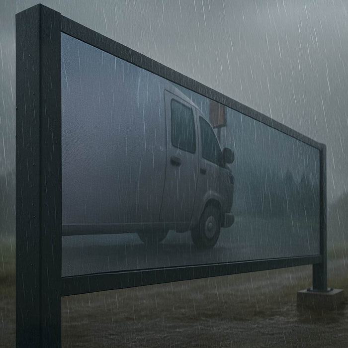 Van on a road reflected in a large weather-resistent LED screen outdoors during rain