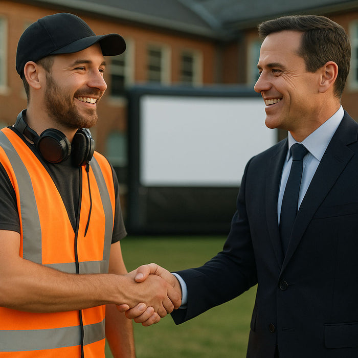 Two men shaking hands, one in an orange safety vest and cap, the other in a suit, in front of an outdoor blow up movie screen