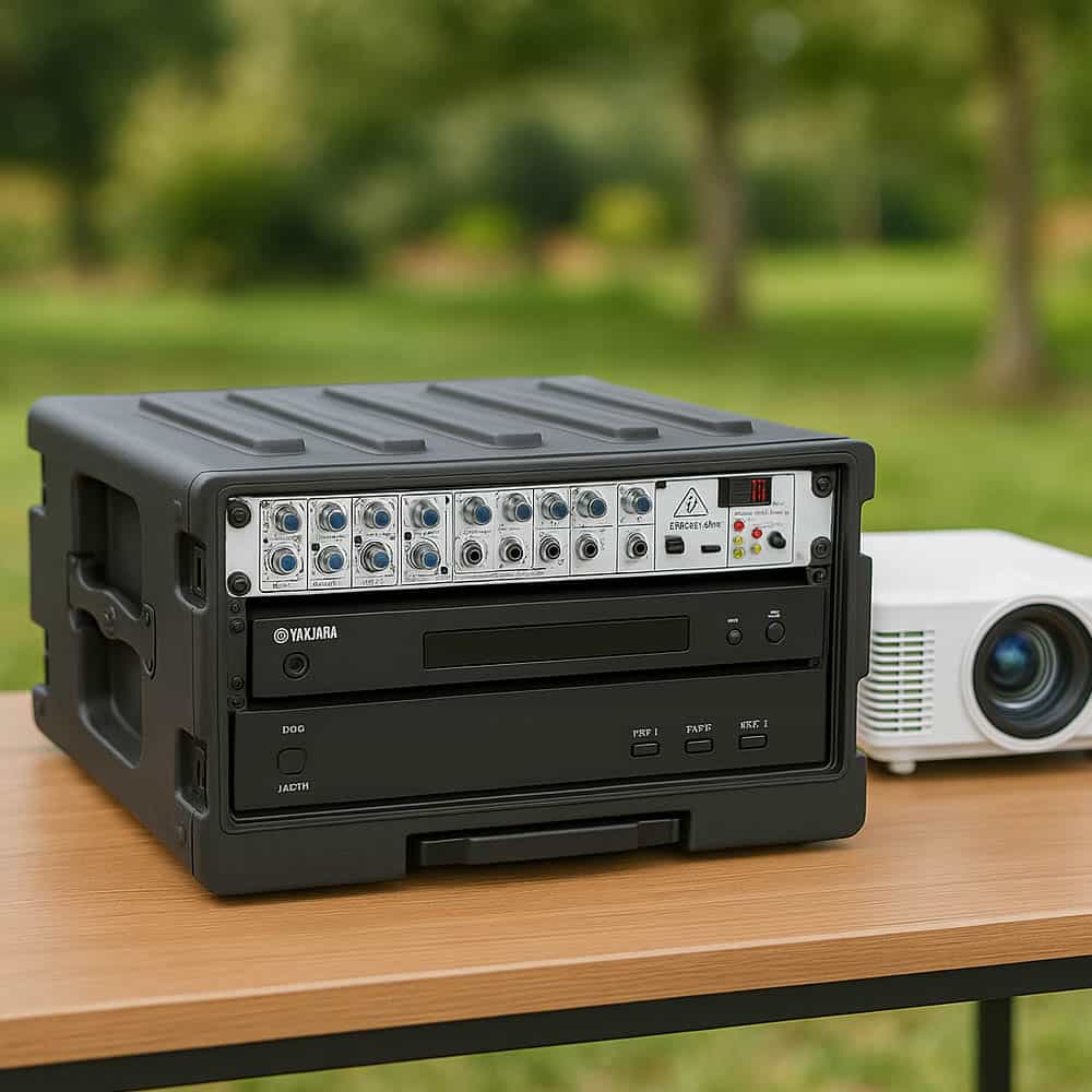 Pre-wired media control box with mixer, DVD player, and projector – a plug-and-play outdoor cinema AV system.