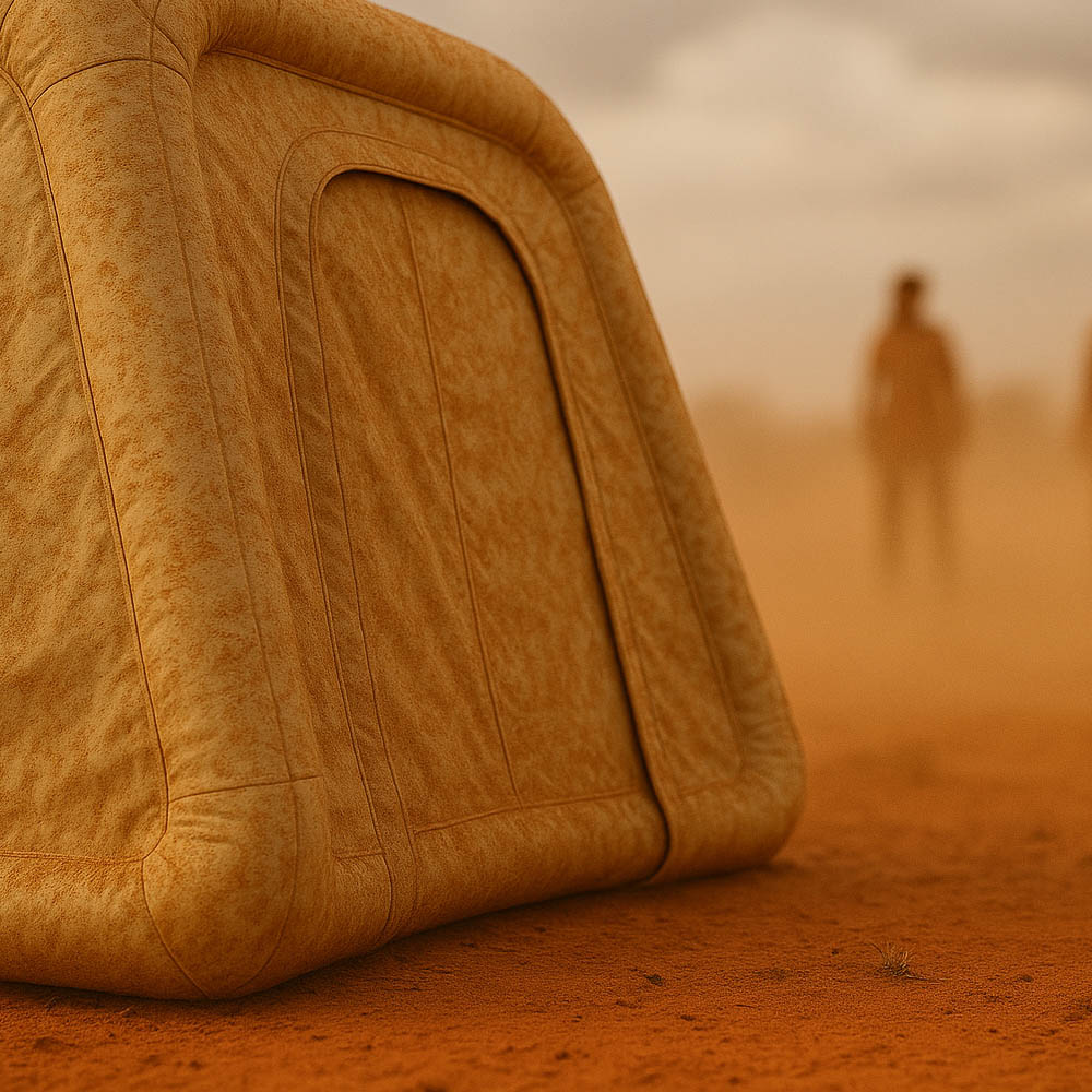 Close-up of a large, beige inflatable tent in a desert setting with a person in the background.