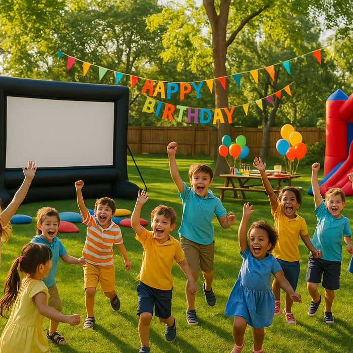 Children celebrating a birthday outdoors with a inflatable screen and colorful balloons.