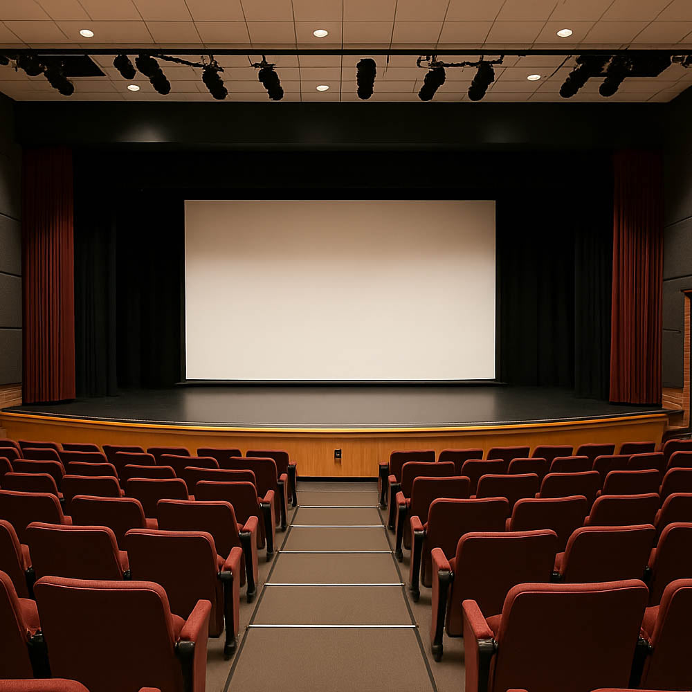 Empty school theatre with red seats and a white projection screen on the stage.