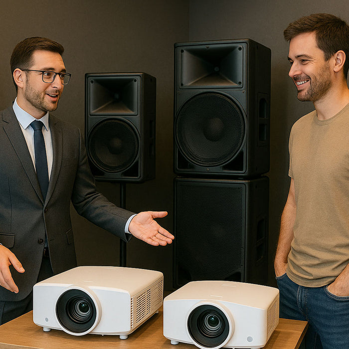 Two men discussing projectors with large speakers in the background