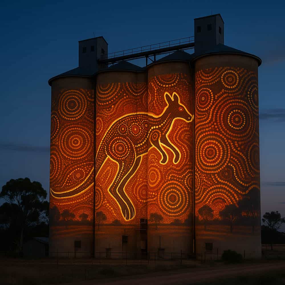 Dramatic light projection of kangaroo art on farm silos at night, showcasing outdoor building projection.