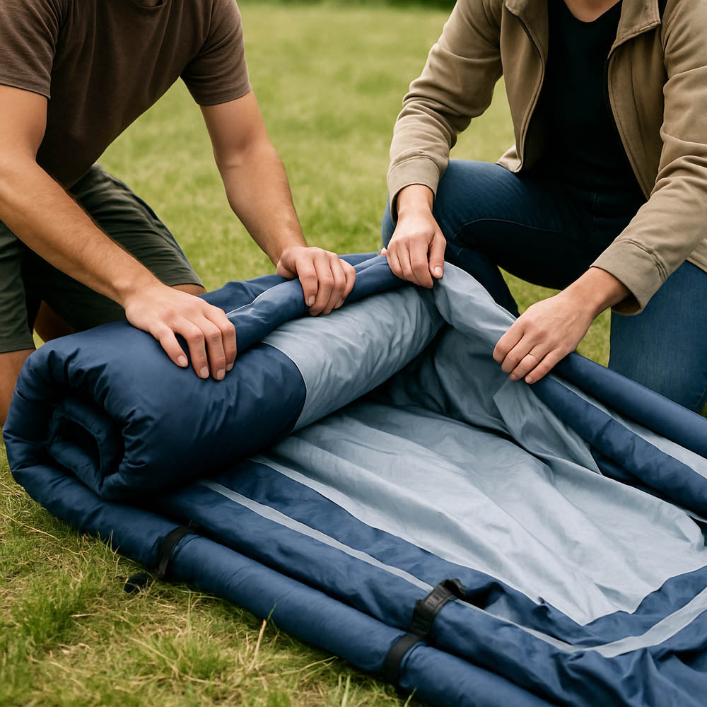 Two people rolling out an inflatable tent on the grass