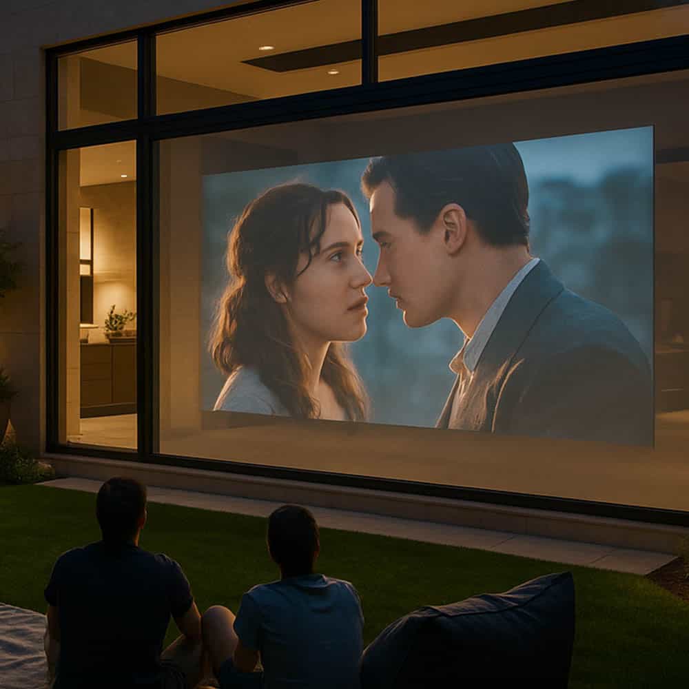 Rear-projection film on a glass window showing a movie scene to an outdoor audience at night.