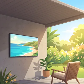 Illustration: a TV on the back wall of a covered patio, in shade beside a sunlit garden